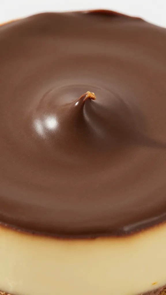 glossy chocolate–peanut butter cheesecake topping, macro shot