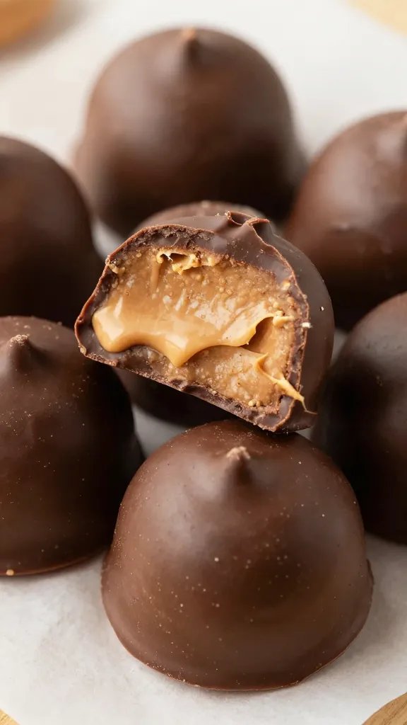 closeup keto chocolate peanut butter fat bomb on parchment