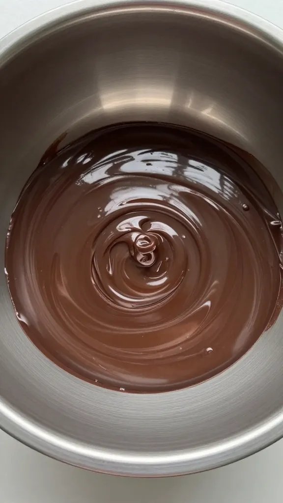 glossy melted dark chocolate in stainless steel bowl