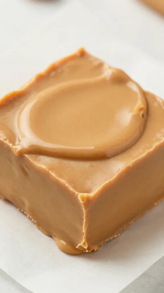 closeup square of keto peanut butter freezer fudge on parchment