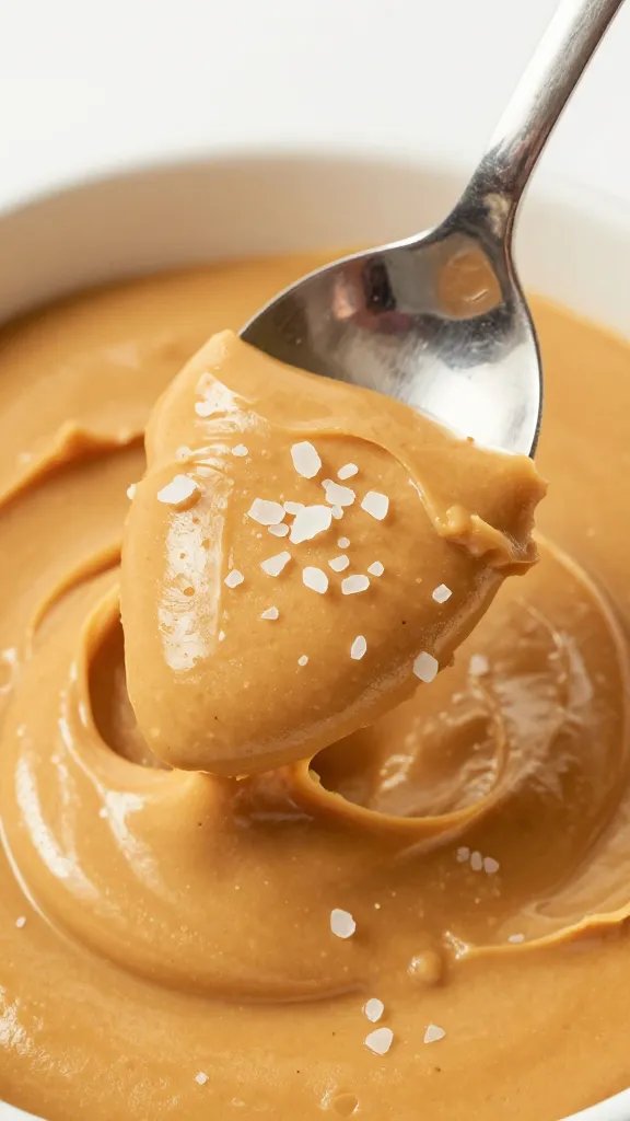 spoonful of creamy natural peanut butter with sea salt flakes