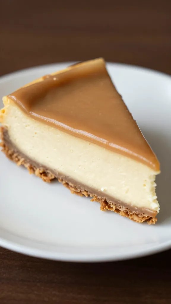 closeup keto peanut butter caramel cheesecake slice on white plate
