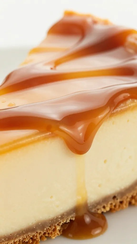 glossy sugar-free caramel drizzle on cheesecake surface, macro shot