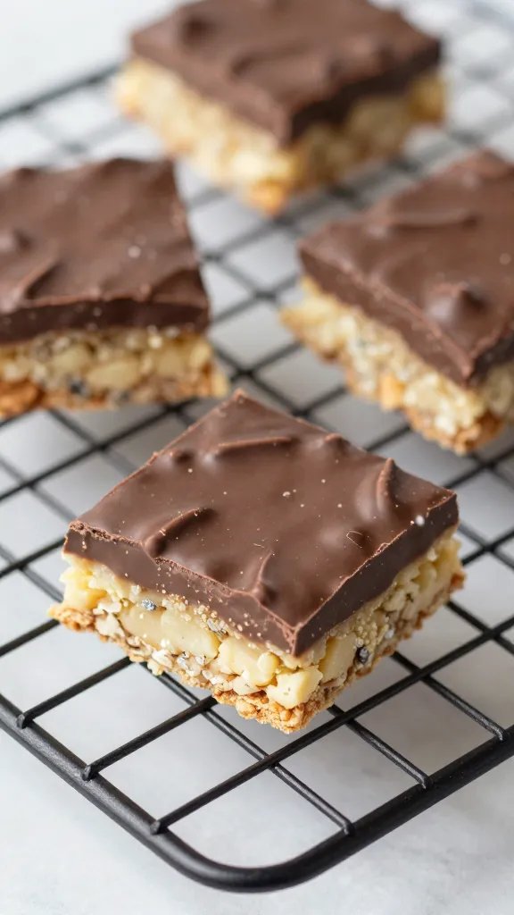 sugar-free chocolate–dipped keto crisp bar on cooling rack