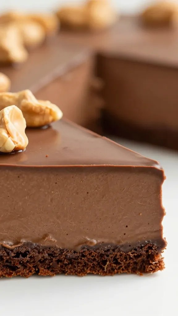 closeup slice of keto peanut butter chocolate mousse cake