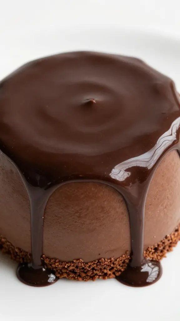 glossy dark chocolate ganache drizzle on keto mousse cake