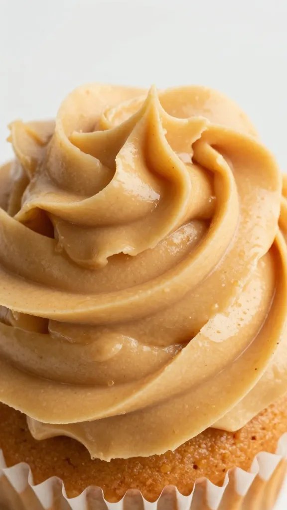 closeup swirl of keto peanut butter buttercream on cupcake