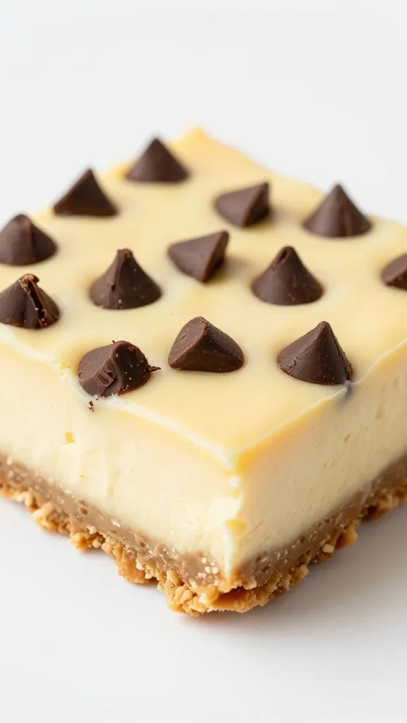 closeup keto peanut butter cheesecake bar with chocolate chips