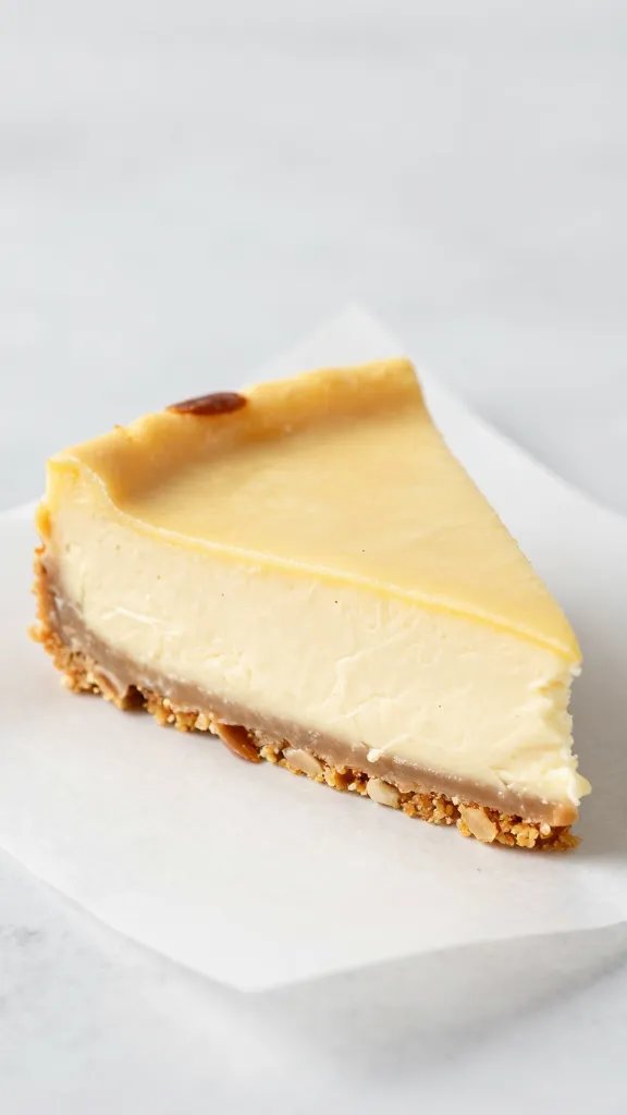single cheesecake bar slice on parchment, visible almond crust