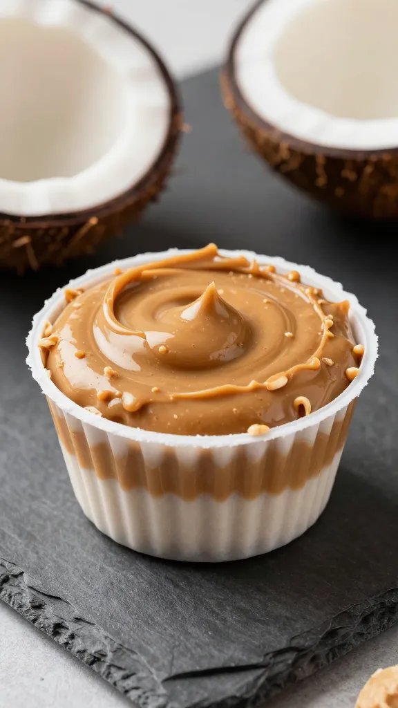 closeup keto peanut butter coconut cup on slate board