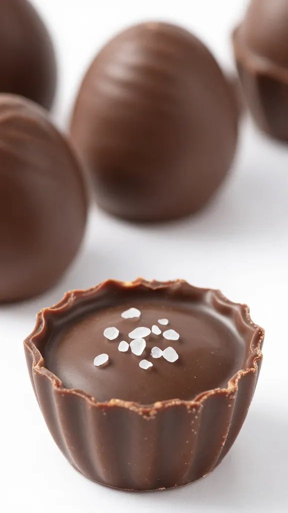 glossy chocolate-shelled keto cup with flaky sea salt