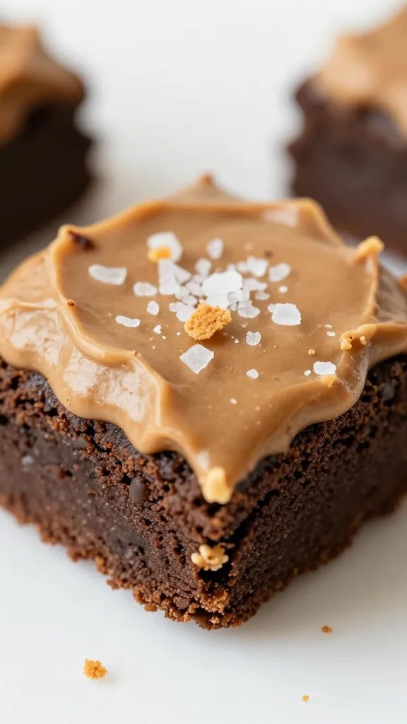 closeup keto peanut butter brownie bite with flaky salt