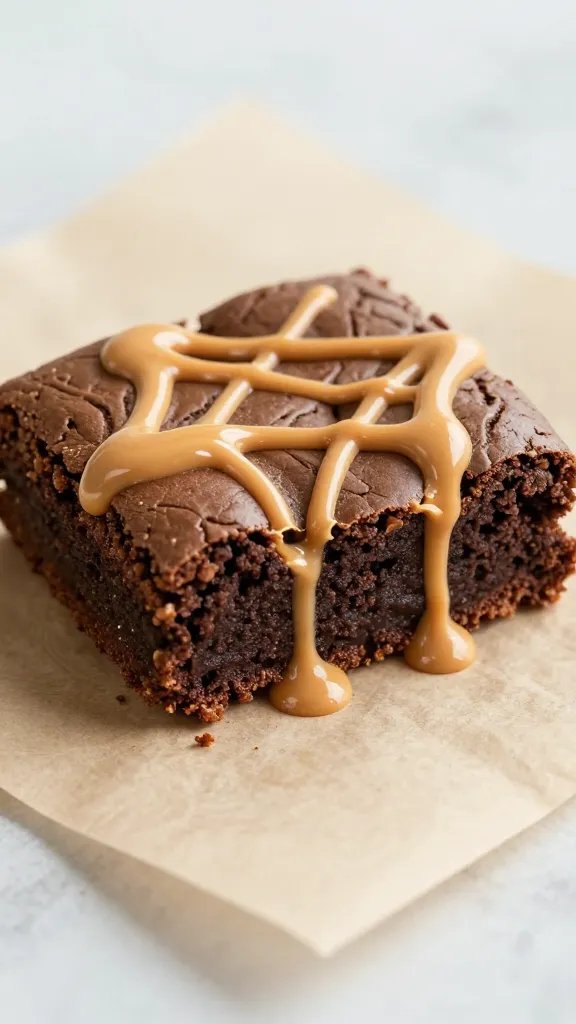 single brownie bite on parchment, melted peanut butter drizzle