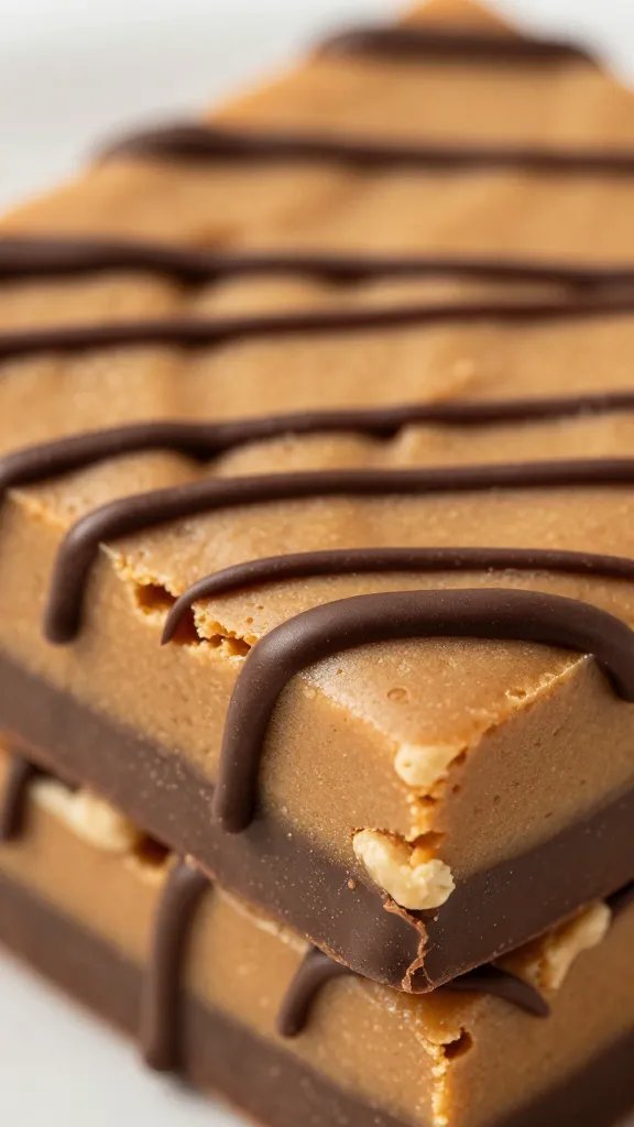 closeup keto peanut butter crunch bar with dark chocolate drizzle