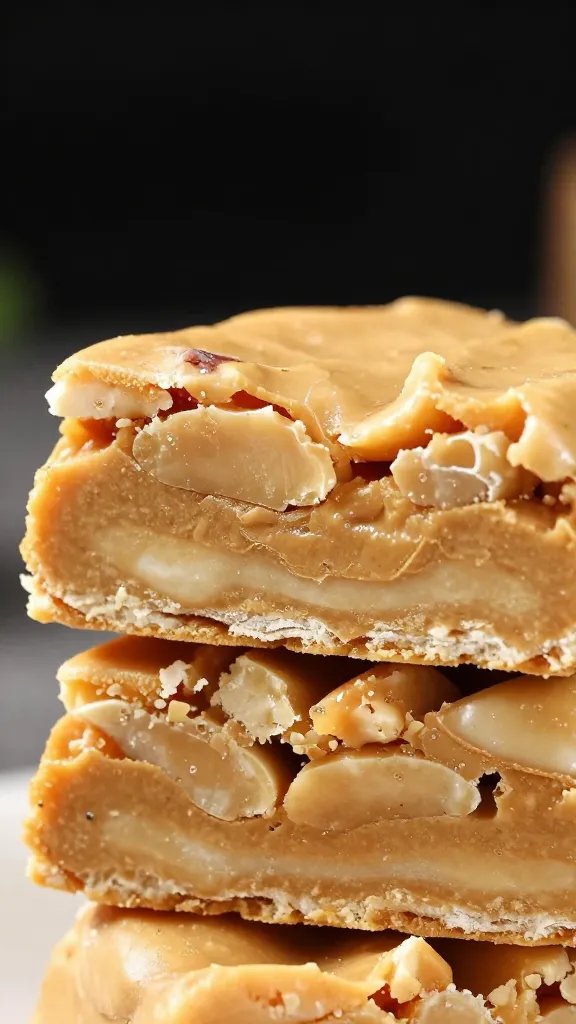 macro shot of sliced keto peanut butter bar showing crunchy layers
