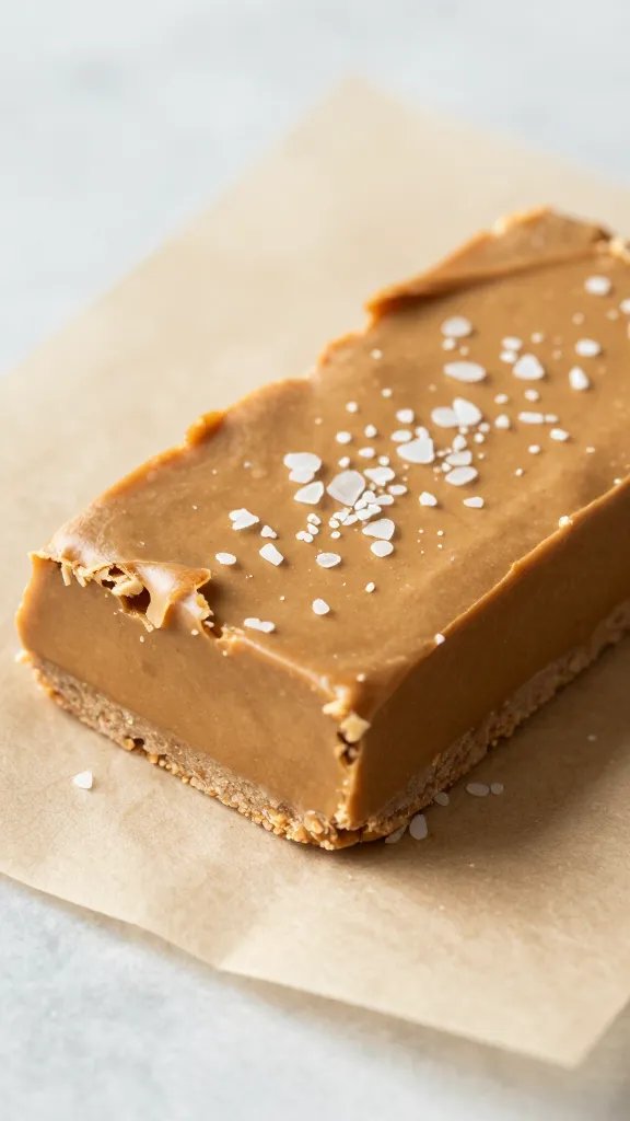 single keto peanut butter bar on parchment, sea salt flakes