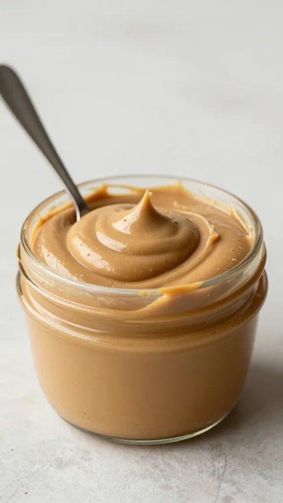 spoonful of creamy keto peanut butter frosting against neutral backdrop