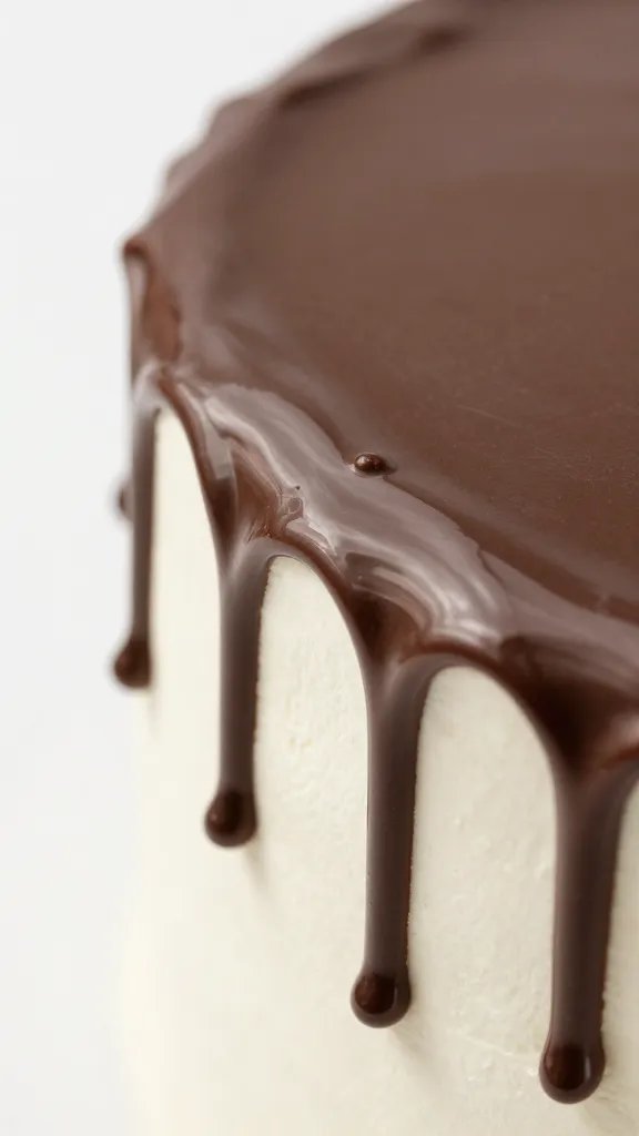 glossy keto chocolate ganache drip on cake edge, macro shot