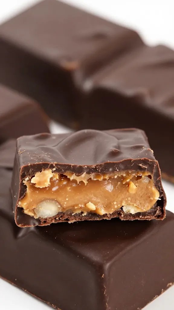 closeup keto peanut butter caramel bar, dark chocolate shell