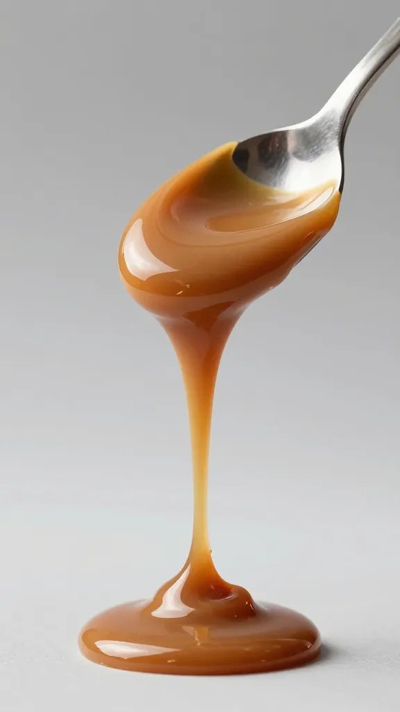 spoon dripping peanut butter caramel, glossy, studio lighting
