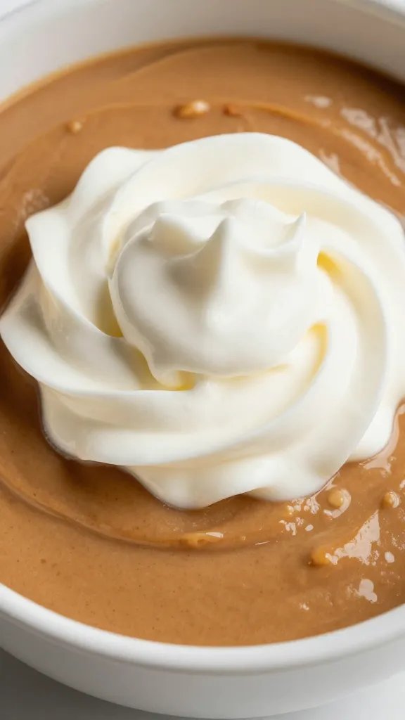 Closeup bowl of keto peanut butter pudding, whipped cream swirl
