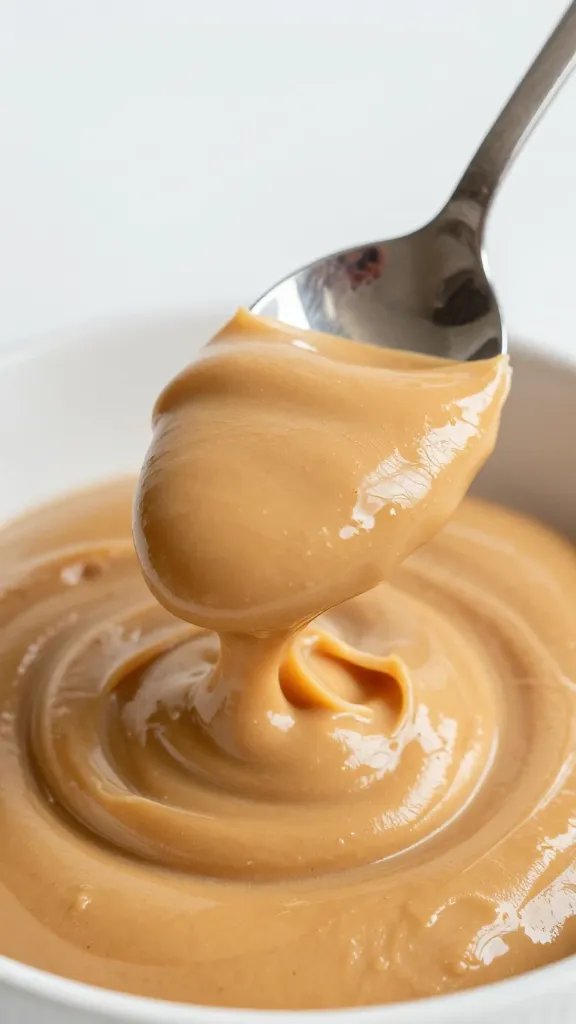 Spoonful of creamy keto peanut butter pudding, glossy texture