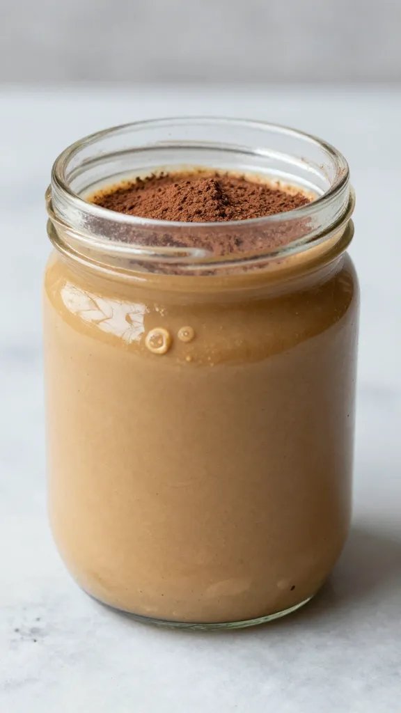 Single glass jar of keto peanut butter pudding, cocoa dusting