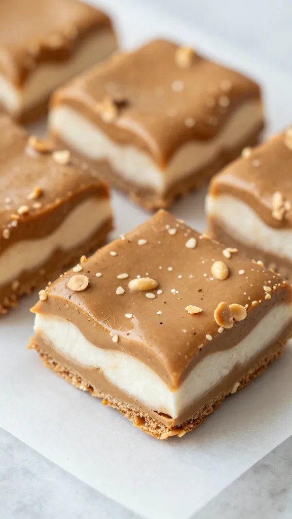 closeup keto peanut butter marshmallow bar on parchment