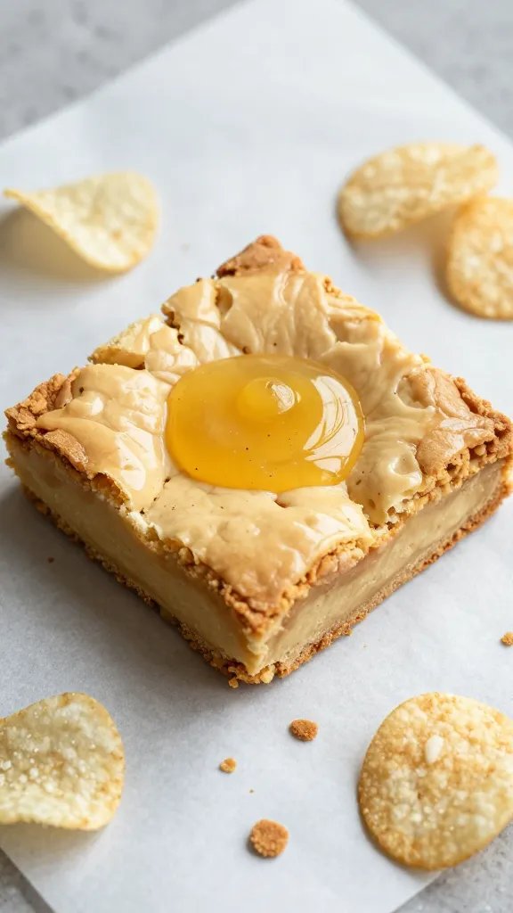 single gooey-center blondie on parchment, crumbs and chips