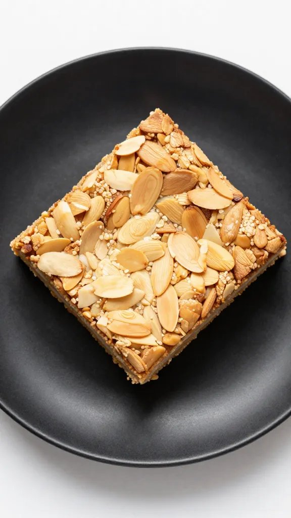 overhead slice of almond-flour blondie on matte black plate