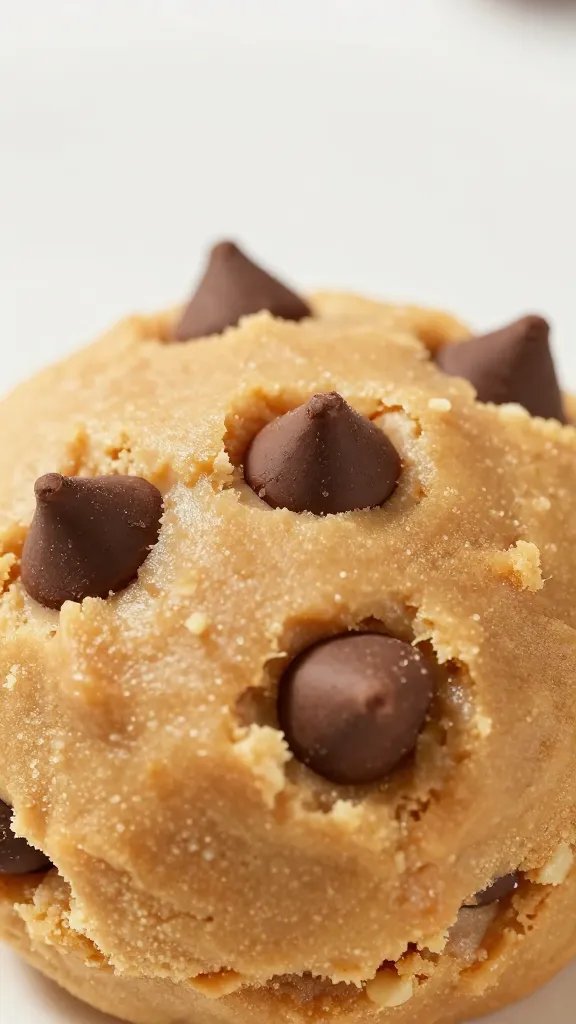 closeup keto peanut butter cookie dough bite with chocolate chips