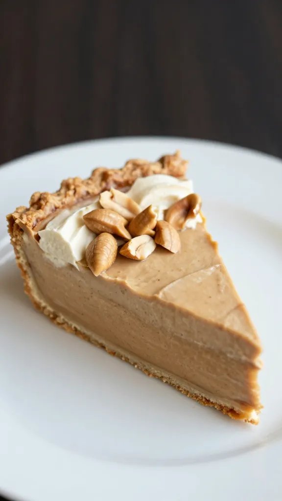 closeup slice of keto peanut butter cream pie on white plate