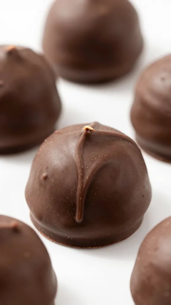 closeup keto peanut butter truffle with glossy dark chocolate shell