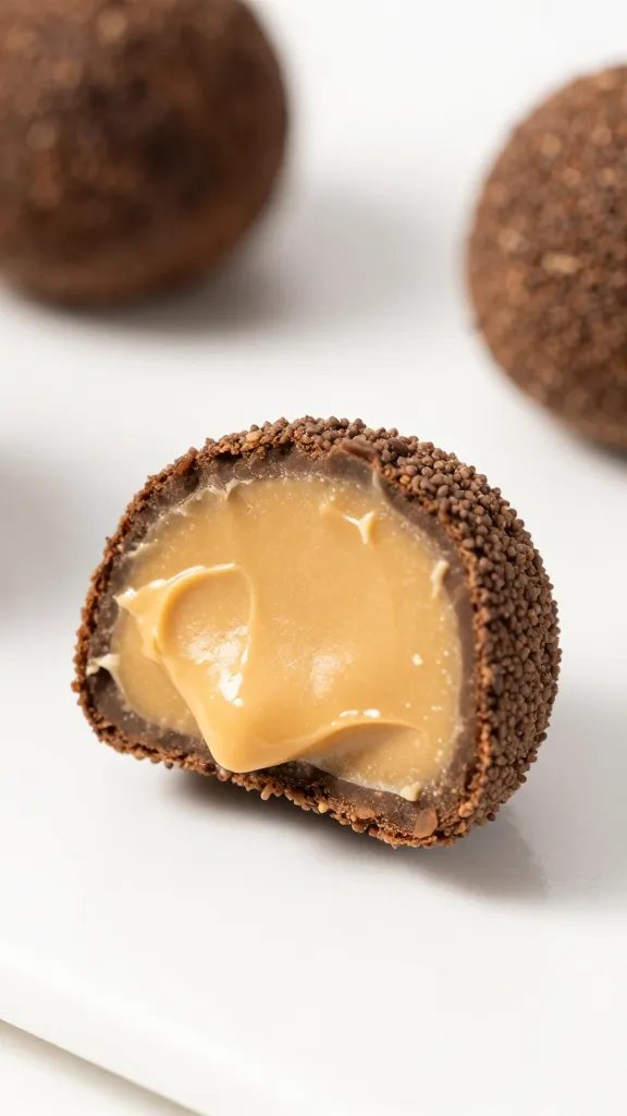 single bitten keto truffle showing creamy peanut butter center