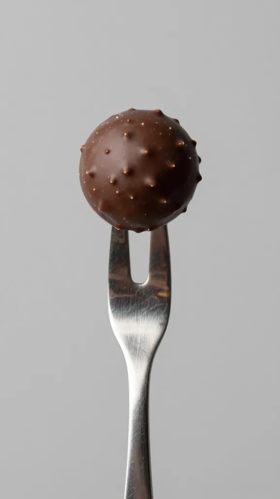 stainless dipping fork holding chocolate-coated keto truffle, studio lighting