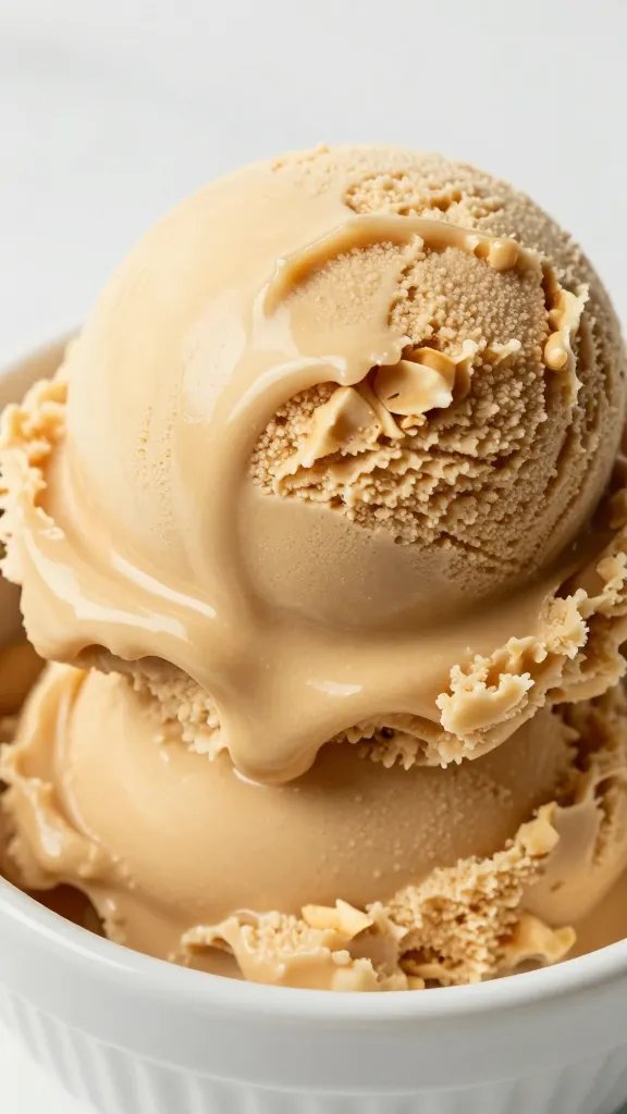 closeup scoop of keto peanut butter ice cream in bowl