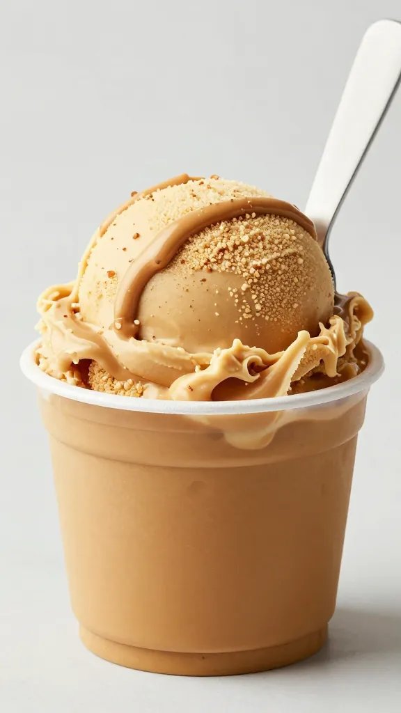 spoonful of creamy keto peanut butter ice cream, macro shot