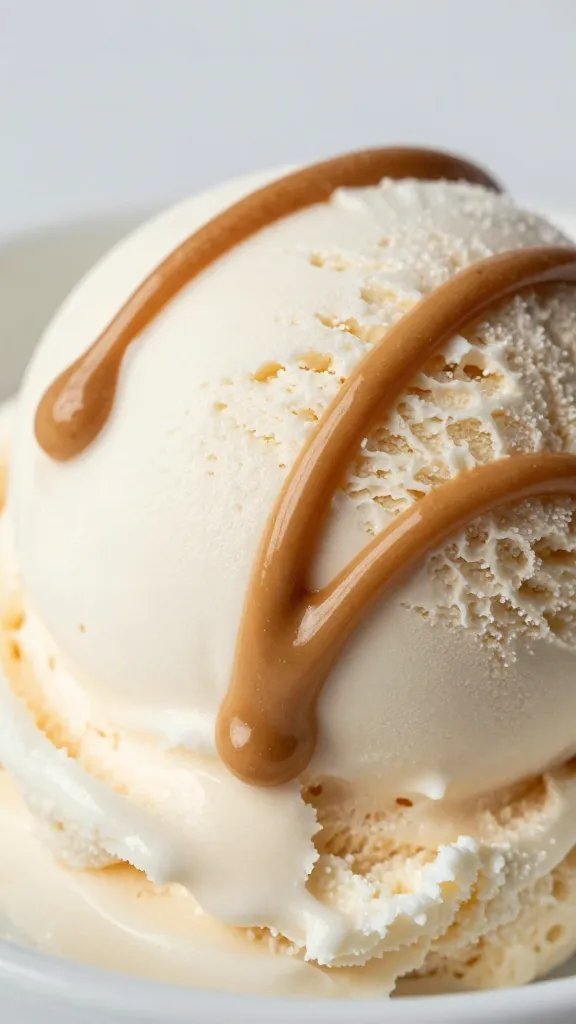 peanut butter drizzle over single scoop keto ice cream, closeup