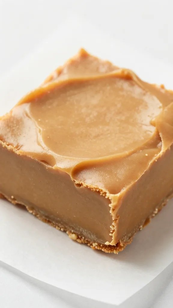 Closeup of keto peanut butter fudge square on parchment