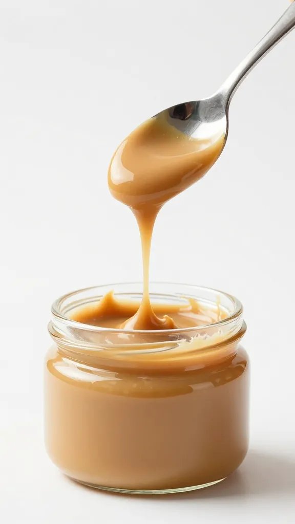 Dripping spoon of natural peanut butter, studio lighting