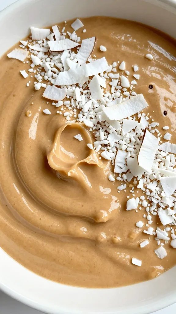 closeup keto peanut butter smoothie bowl with coconut flakes