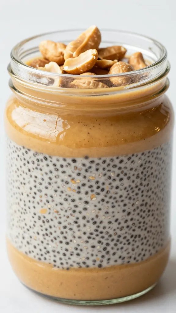 closeup glass jar of keto peanut butter chia pudding