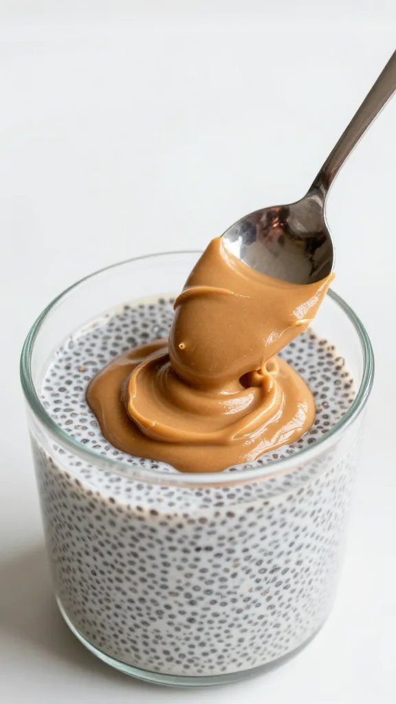 spoonful of thick peanut butter chia pudding, macro shot