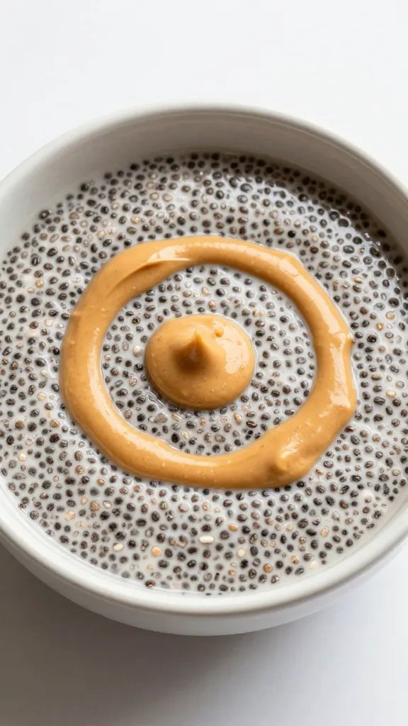 single ceramic bowl of chia pudding with peanut butter swirl