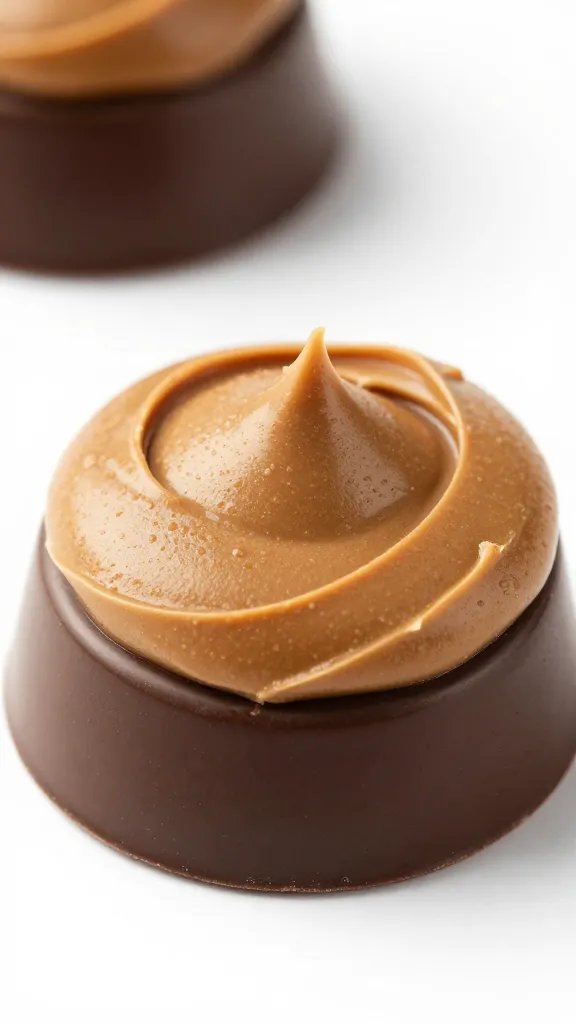Swirled peanut butter atop glossy sugar-free dark chocolate, macro