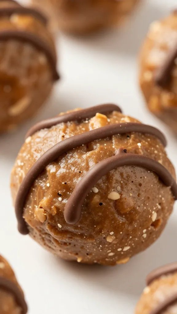 macro shot of keto peanut butter protein ball with chocolate drizzle