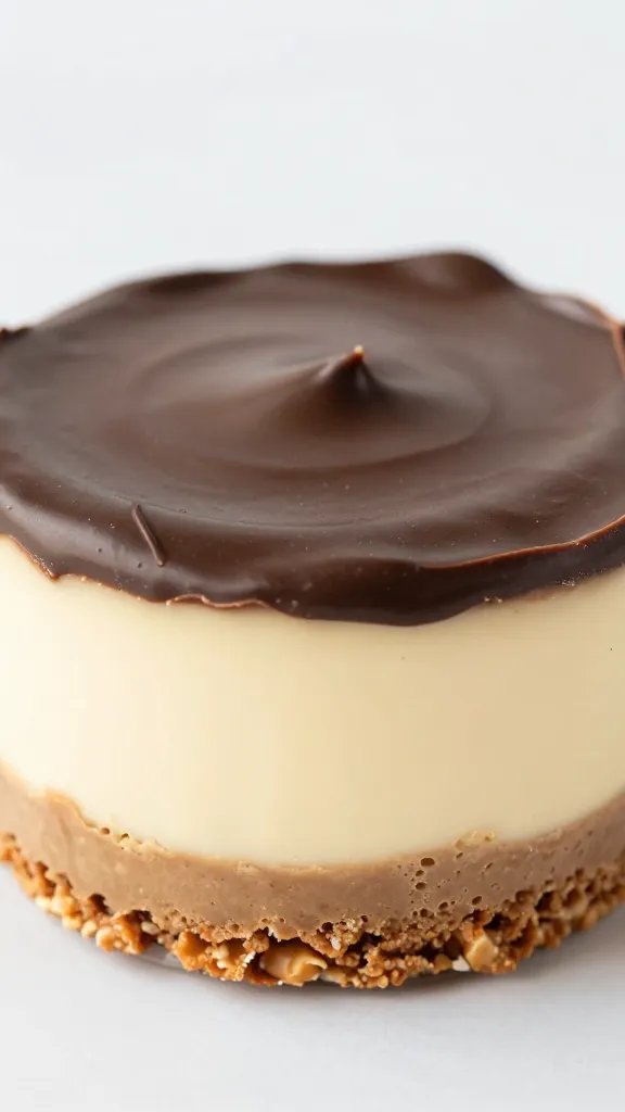 closeup keto peanut butter cheesecake cup with chocolate drizzle