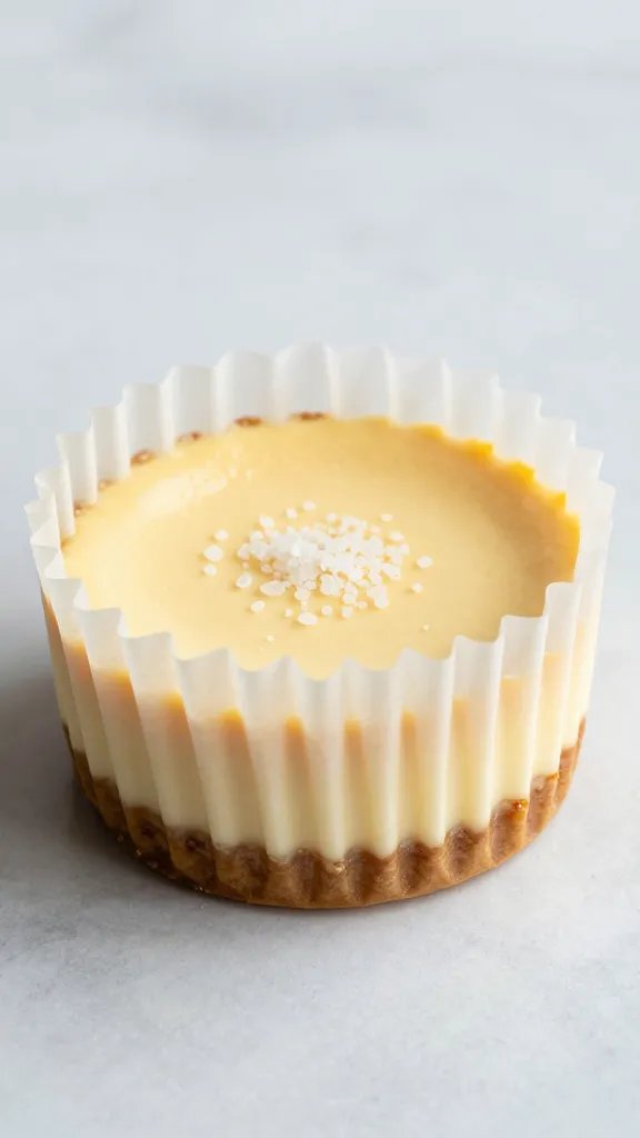 single keto cheesecake cup in parchment liner, sea salt sprinkle