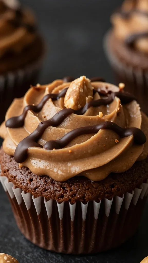 closeup keto peanut butter cupcake with chocolate drizzle, moody lighting