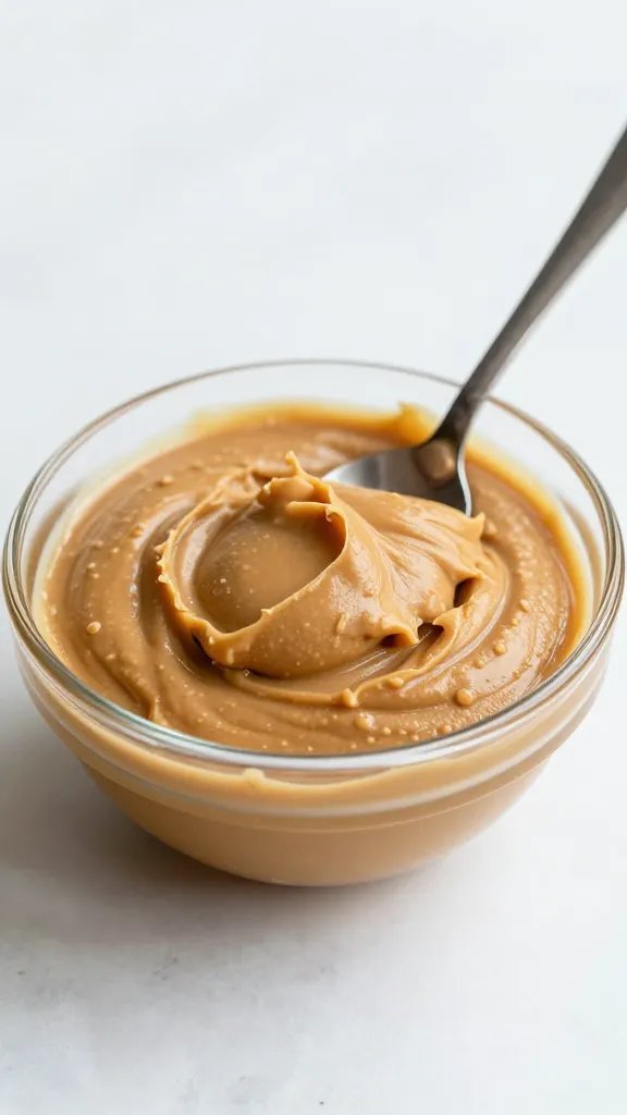 spoonful of unsweetened peanut butter in glass bowl, soft light
